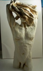 male ceramic figure undressing, sandra jones sculpture
